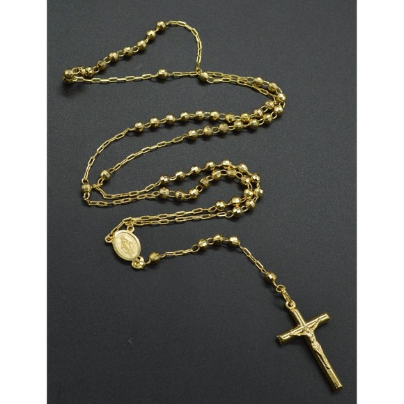 10k Solid Yellow Gold Rosary virgin Mary Jesus Cross Necklace 18 9.3 gr - Picture 1 of 7